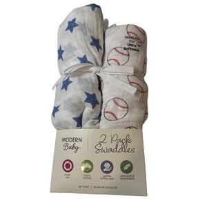 Modern Baby 2 Pack Cotton Muslin Swaddles Blue Stars & Baseballs Sports Baby New